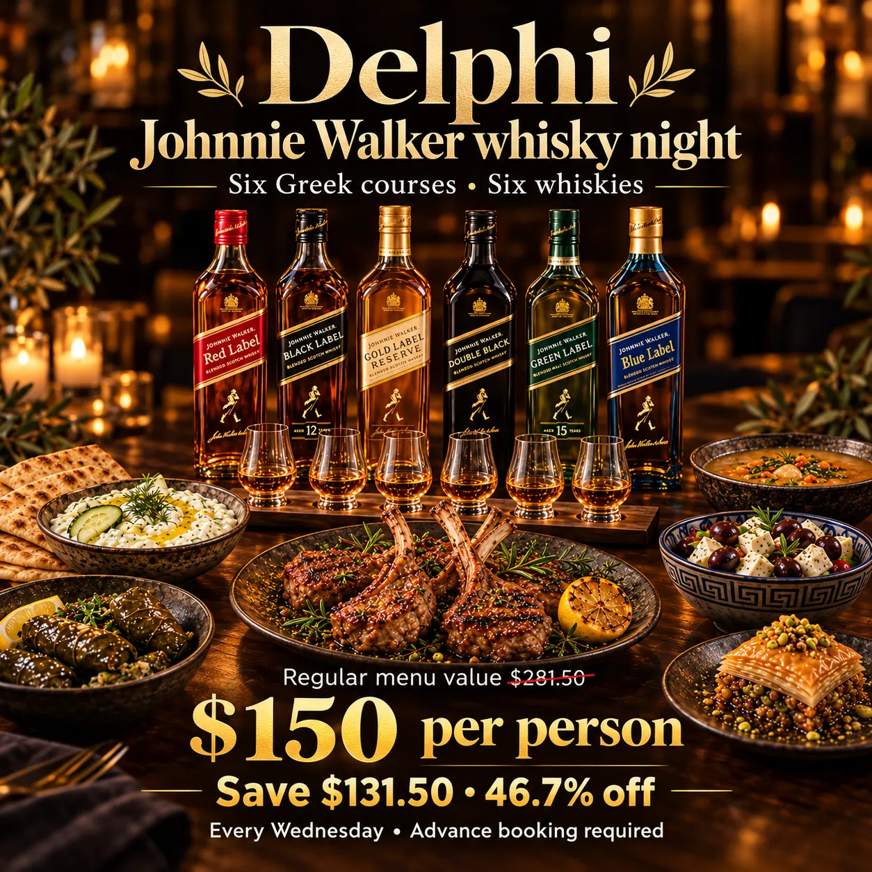 Johnnie Walker Whisky Flight & Six-Course Greek Dinner at Delphi