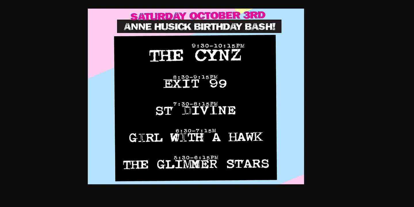 Anne Husick Birthday Bash with The Cynz, Exit 99, St. Divine, Girl With a Hawk, The Glimmer Stars