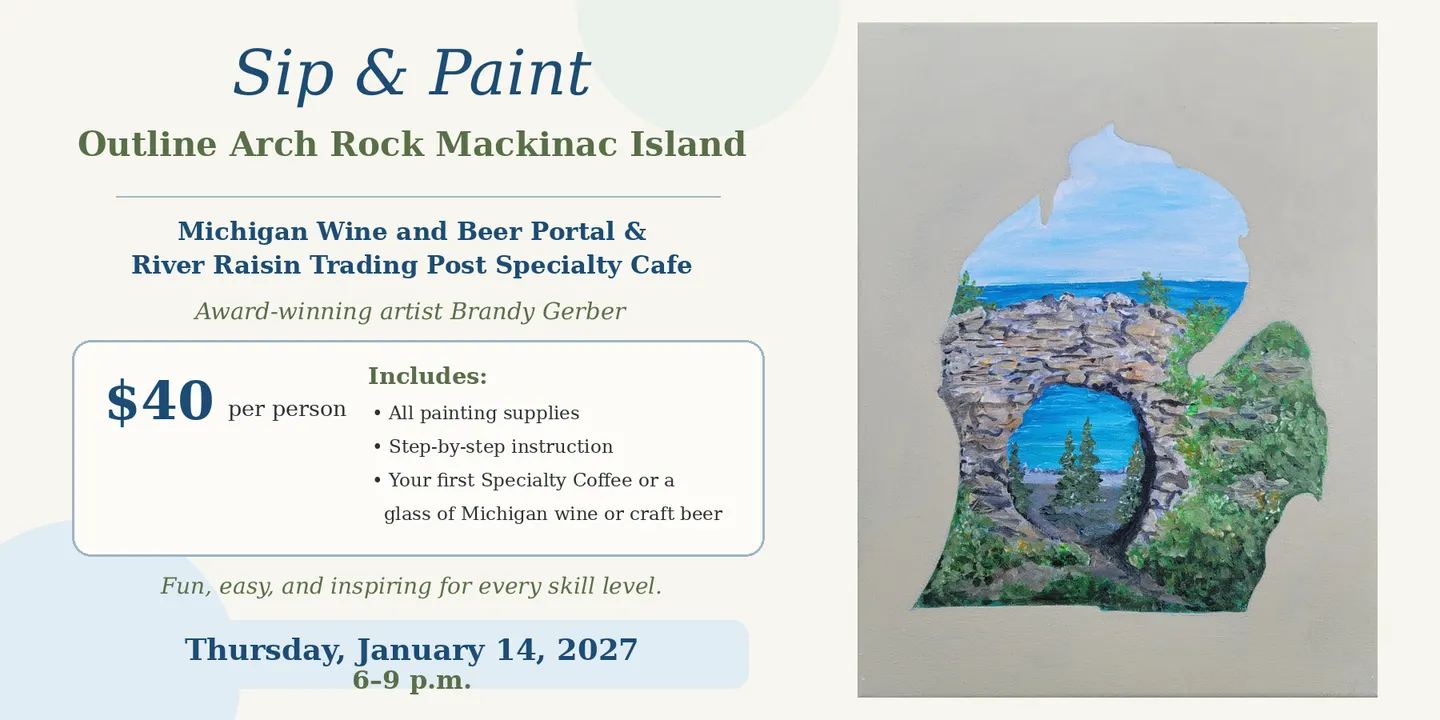 Sip and Paint Thursday, January 14, 2027, 6-9 p.m. – Outline Arch Rock Mackinac Island