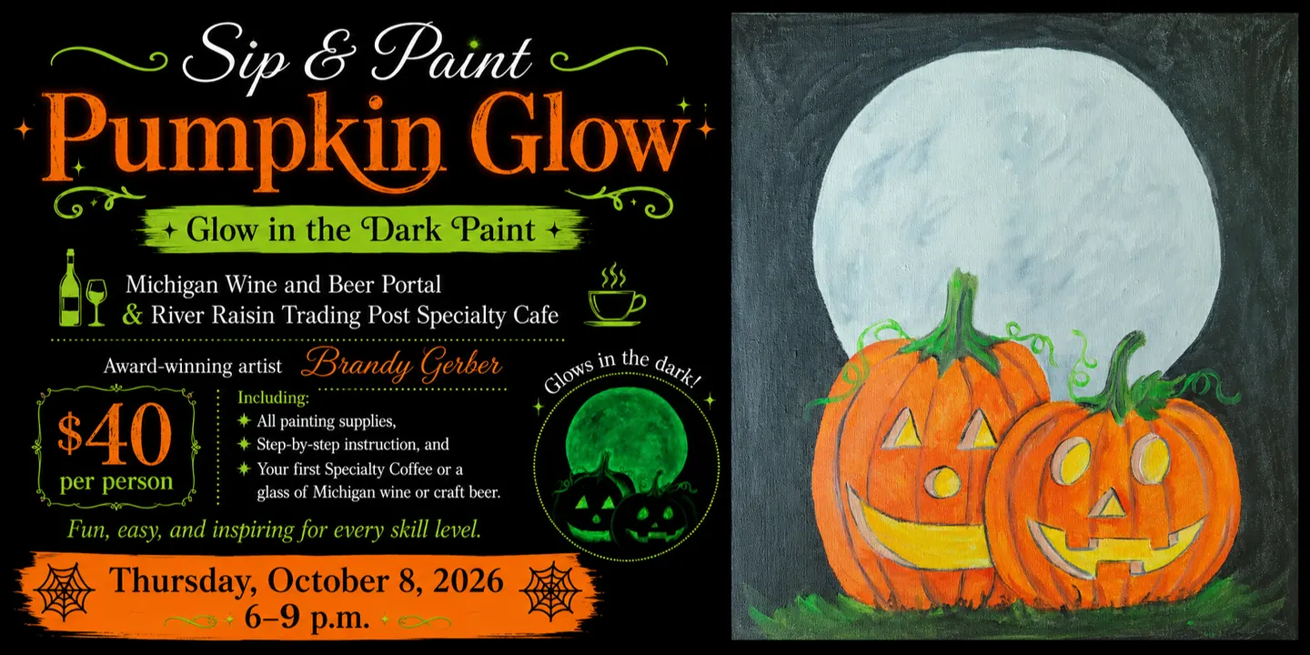 Sip and Paint Thursday, October 8, 202, 6-9 p.m. – Pumpkin Glow (Glow in the Dark Paint)