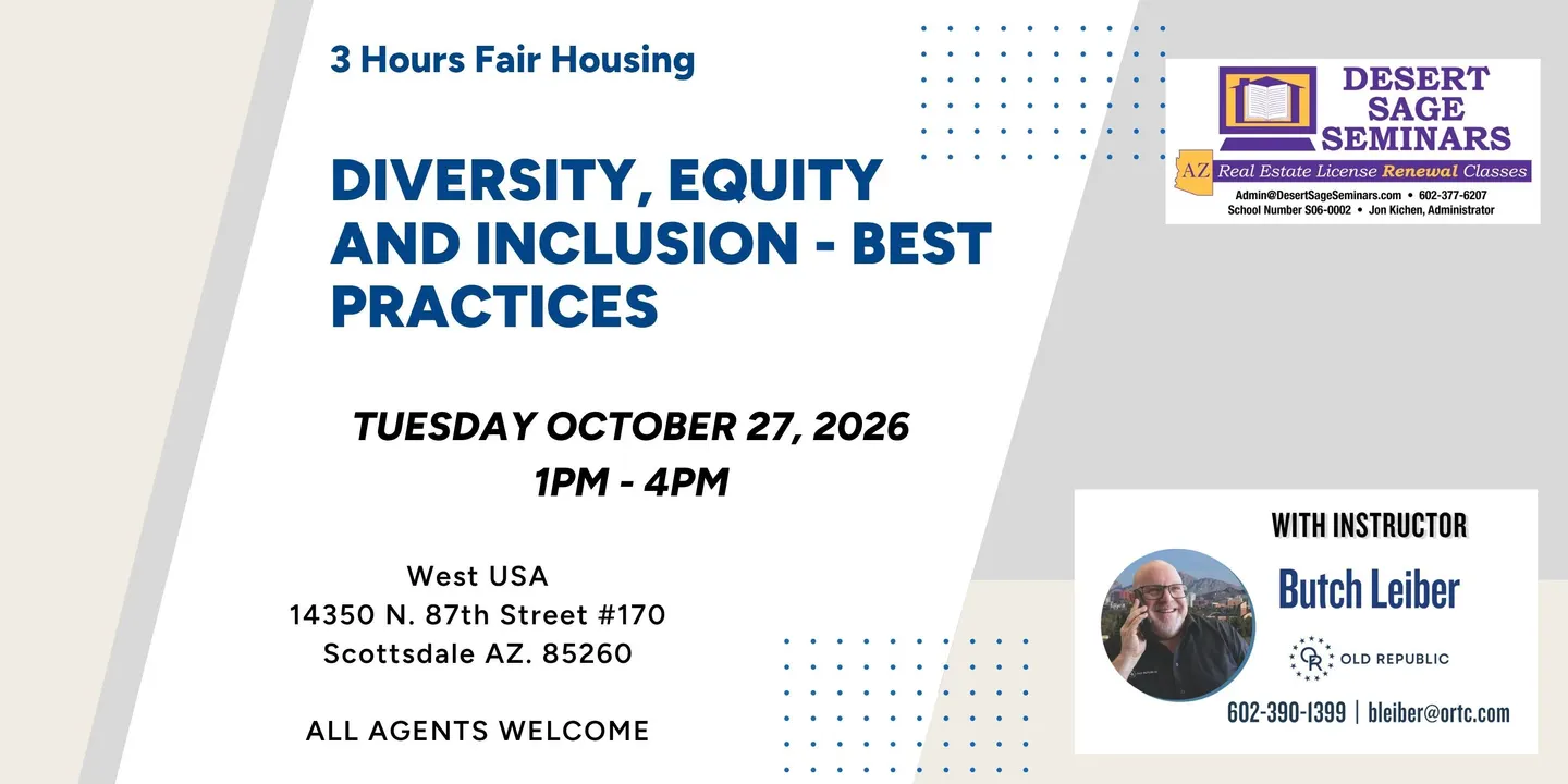 DIVERSITY, EQUITY AND INCLUSION - BEST PRACTICES - 3 hours Fair housing - Tuesday October 27, 2026 1pm - 4pm