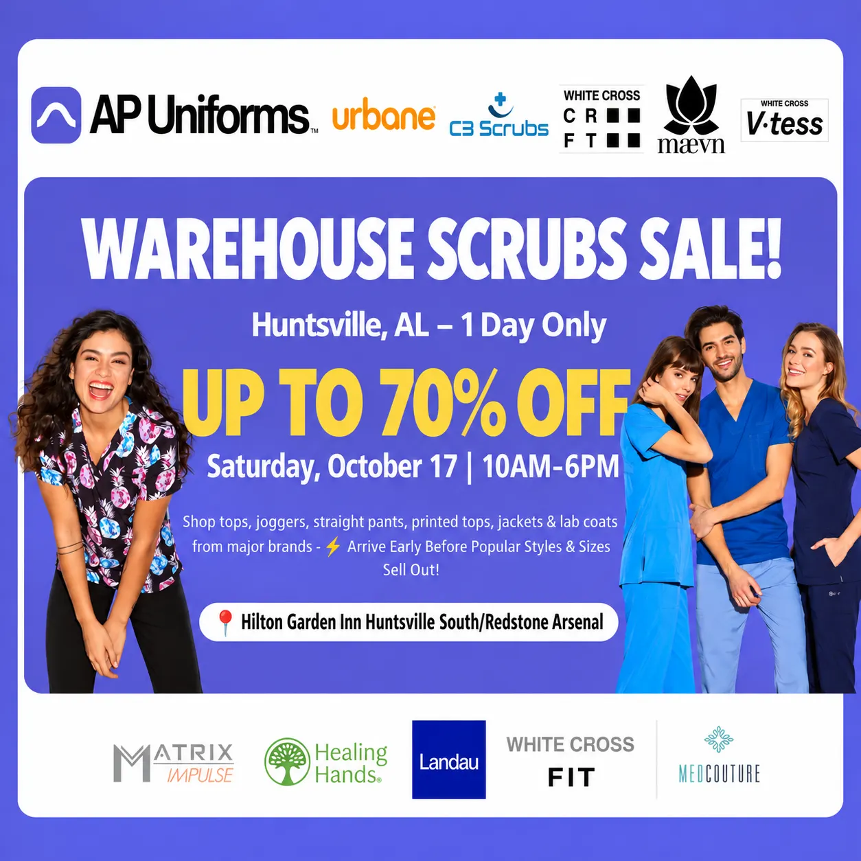 SCRUBS & UNIFORMS WAREHOUSE SALE – UP TO 70% - Huntsville, AL - Saturday, October 17 | 10AM – 6PM