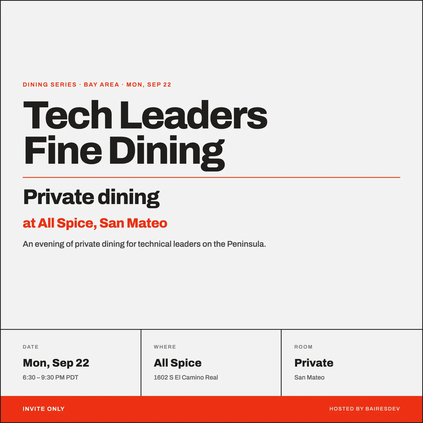 Tech Leaders Fine Dining Series: an AI Platform Builders Dinner: Private Dining at All Spice in San Mateo