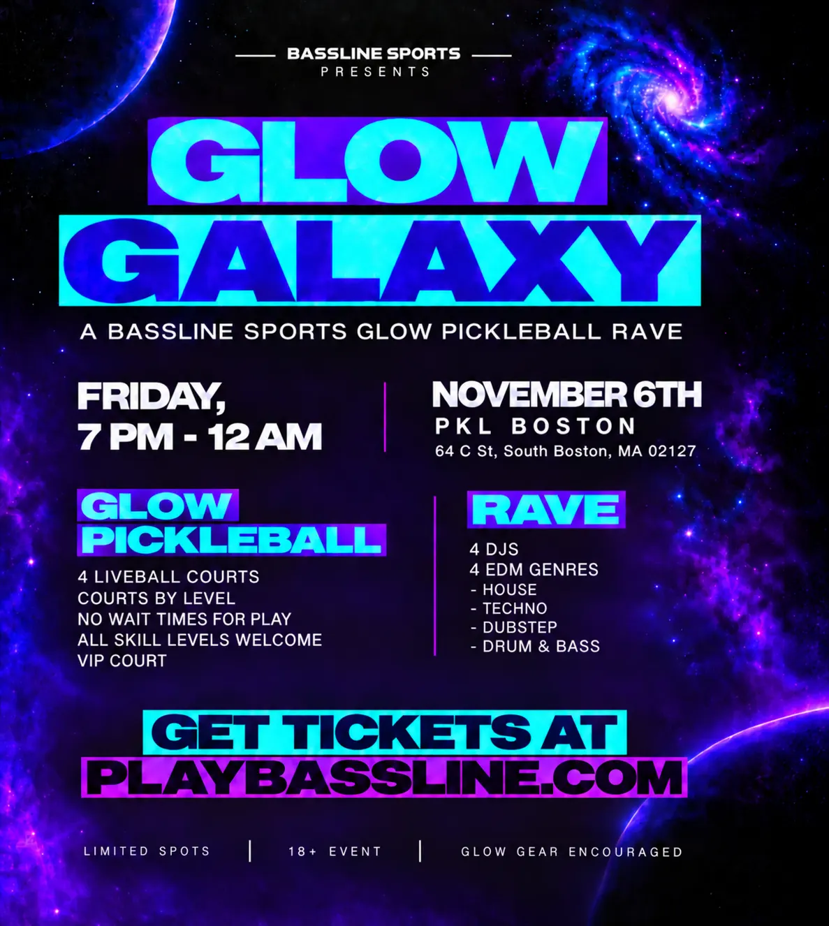 BASSLINE SPORTS PRESENTS: GLOW GALAXY PICKLEBALL RAVE AT PKL BOSTON