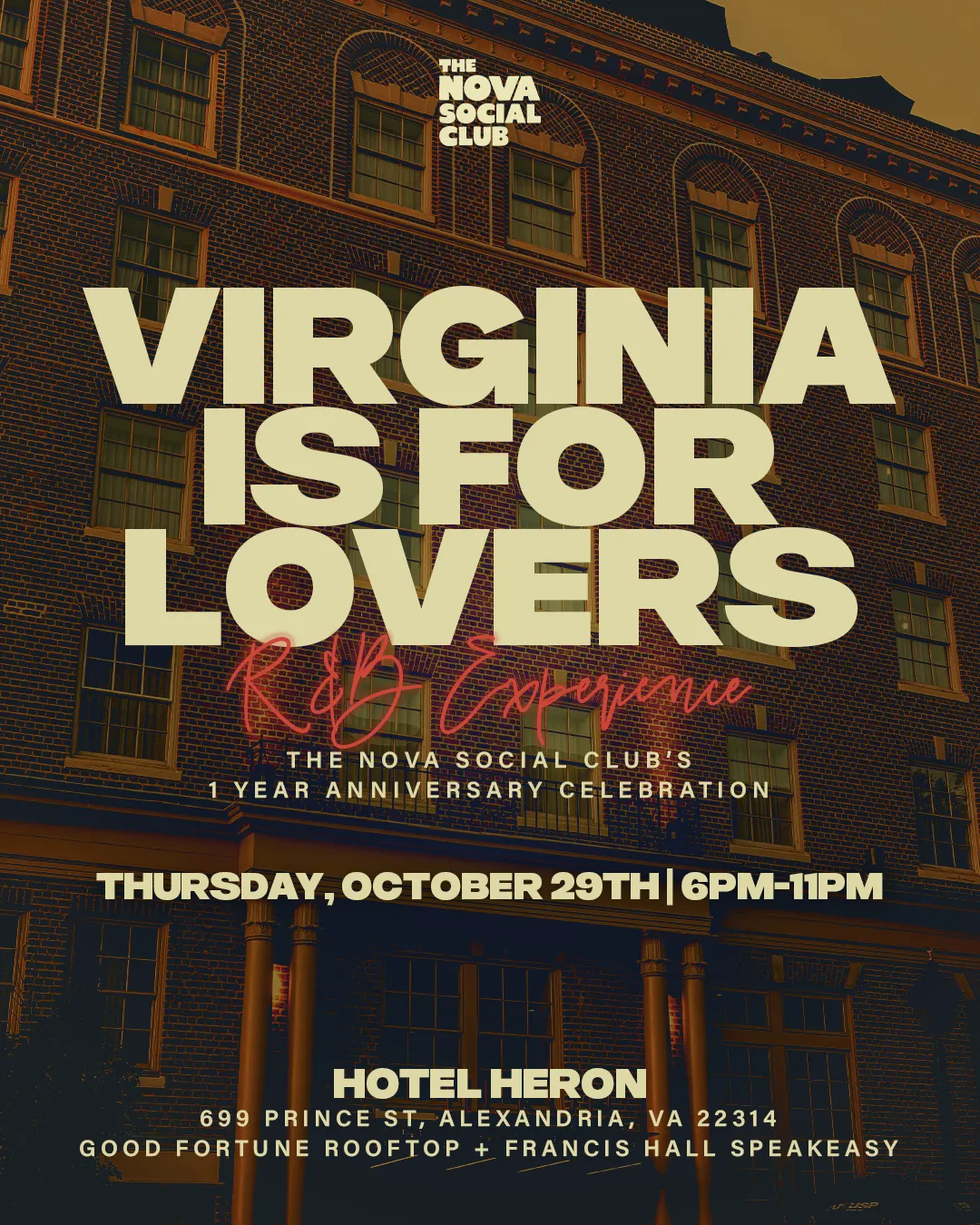 Virginia Is For Lovers: Elevated R&B Rooftop & Speakeasy Experience | Thurs, Oct 29th at Hotel Heron