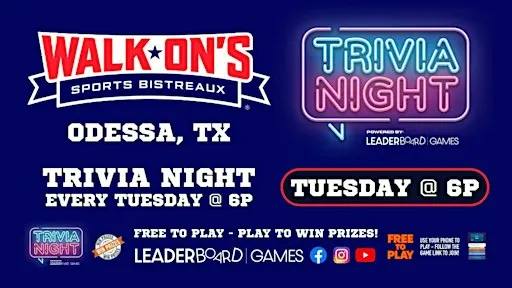 Trivia Night TUESDAY 6p | Walk-On's Sports Bistreaux - Odessa TX