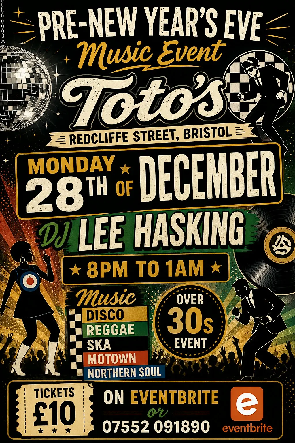 Over 30s TOTOS Pre New Years Eve event 28th Dec Dj Lee Hasking 8pm ±1am