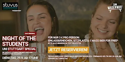 Stuvus präsentiert: Night of the Students, Dienstag, 29.9.2026 ab 17 Uhr