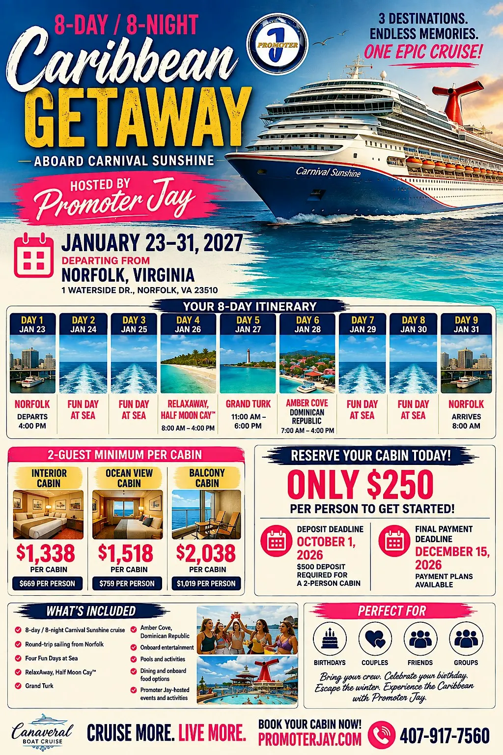 8-Day Eastern Caribbean from Norfolk, VA carnival sunshine