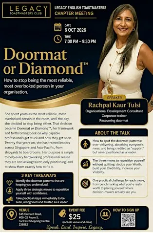 Legacy Toastmaster Meeting - Oct - Guest Speaker - Rachpal Kaur Tulsi