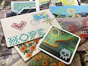 Creative sewing on postcards.