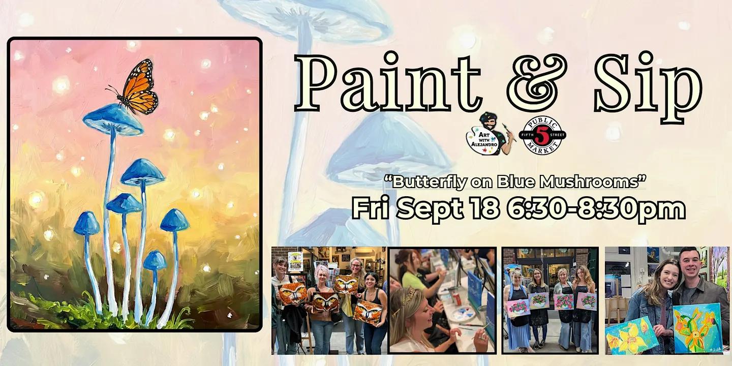 Paint & Sip in Eugene, Oregon “Butterfly on Blue Mushrooms”