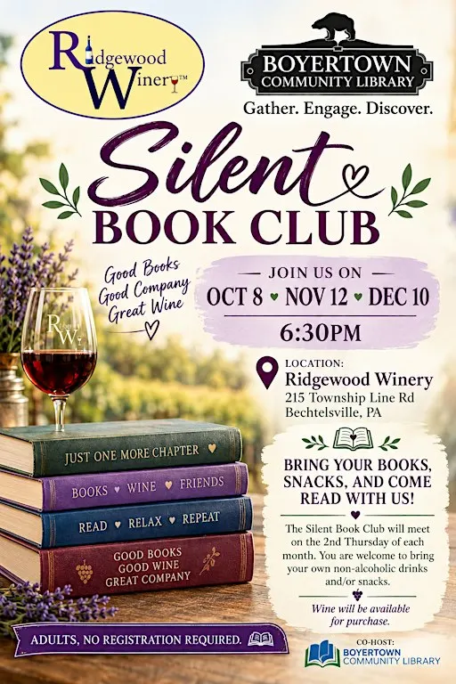 Silent Book Club w/Boyertown Library @Ridgewood Winery Bechtelsville 12.10