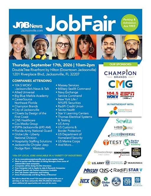 JACKSONVILLE JOB FAIR -Local Companies Hiring for 100s of JOBS - Sept. 17th