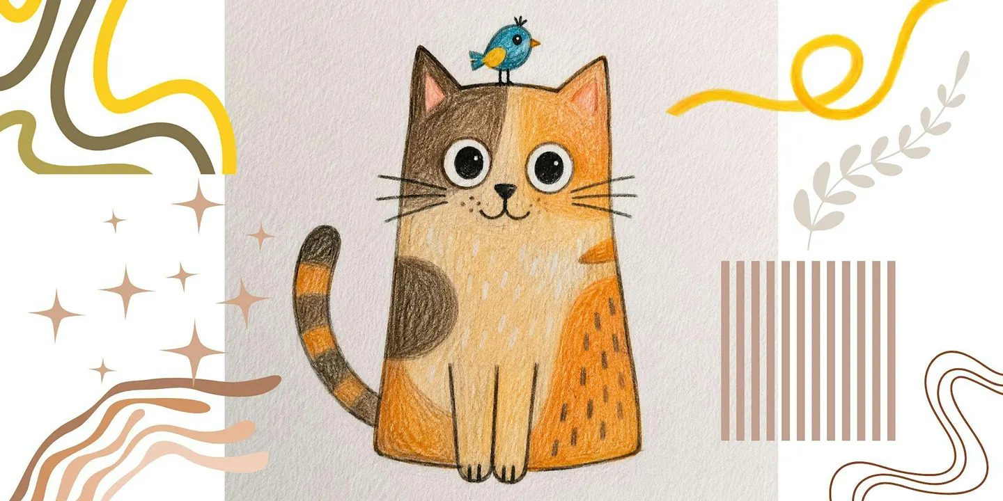 Cute Cat Pencil Drawing Kids Art Class