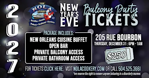 2027 New Year's Eve Bourbon Street Balcony Tickets @ NOLA Cookery