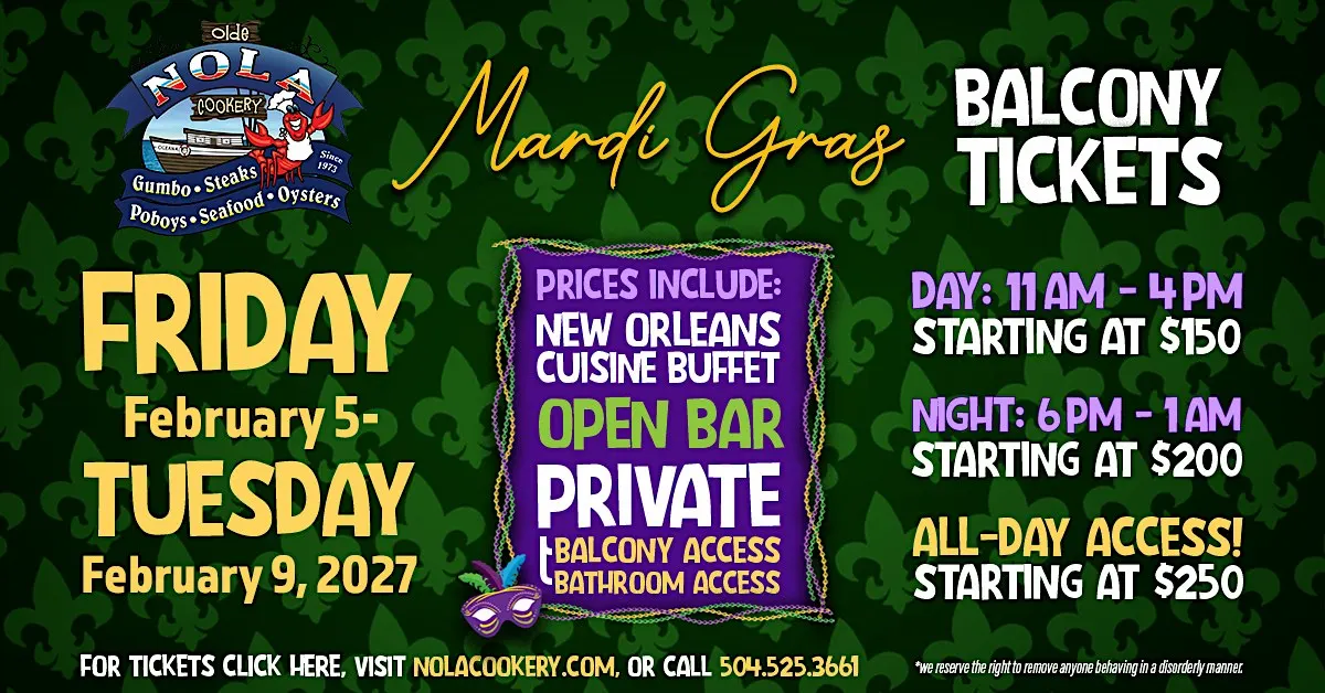 Mardi Gras 2027 Balcony Tickets @ NOLA COOKERY