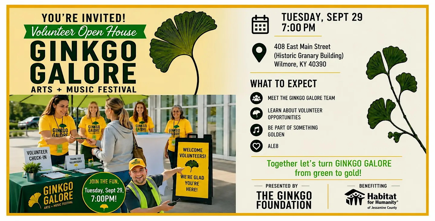 Volunteer Open House (TUEpm, Sept 29) GINKGO GALORE™ Arts + Music Festival