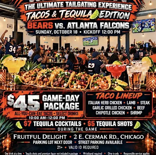 BEARS GAME TAILGATE/ $45 ALL YOU CAN DRINK (Alcohol) AND FOOD!!!