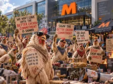 Frankenchickens protesting in front of Migros HQ: "Sign the BCC already!"