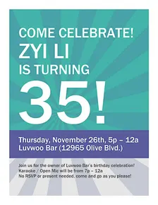 Zyi Li's Birthday Celebration at Luvwoo Bar (FREE)