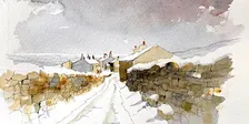 Winter scene in pen and wash with artist, John Harrison.