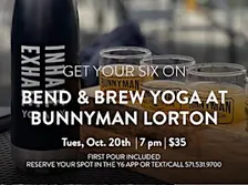 Bend & Brew Yoga at Bunnyman Lorton hosted by YogaSix
