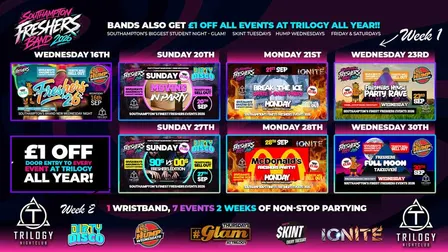 Official Trilogy Freshers Band 2026 🎓 7 Events Included! Welcome Weeks 2026! 😍 PLUS Discount to EVERY EVENT at Trilogy ALL YEAR!! 😎 Bands will SELL OUT! !💯