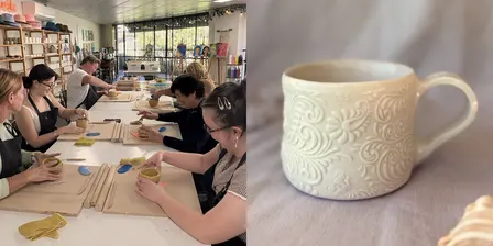 Hand-Built Pottery – Gold Coast | Embossed Slab Mug with Stamped Design