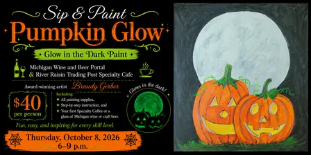 Sip and Paint Thursday, October 8, 202, 6-9 p.m. – Pumpkin Glow (Glow in the Dark Paint)