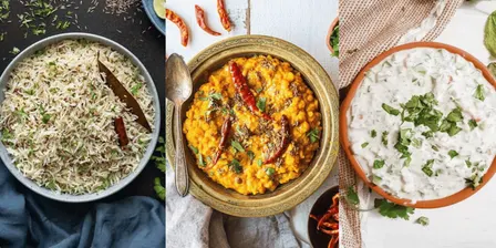 Foundations of Indian Flavor: Jeera Rice, Dal Tadka, Cucumber & Tomato Raita (Vegetarian)