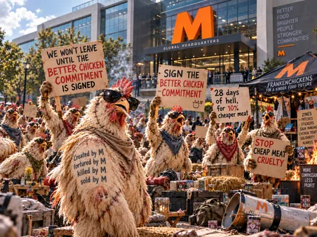Frankenchickens protesting in front of Migros HQ: "Sign the BCC already!"