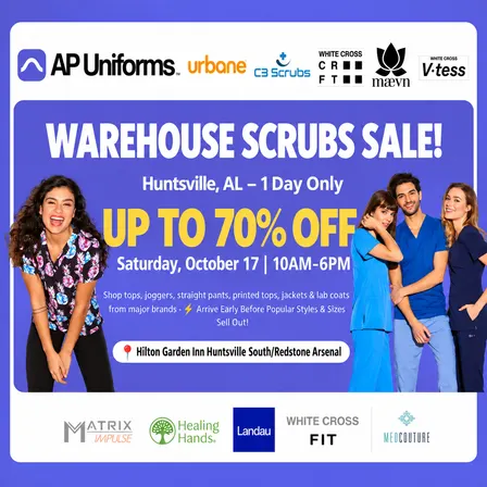 SCRUBS & UNIFORMS WAREHOUSE SALE – UP TO 70% - Huntsville, AL - Saturday, October 17 | 10AM – 6PM