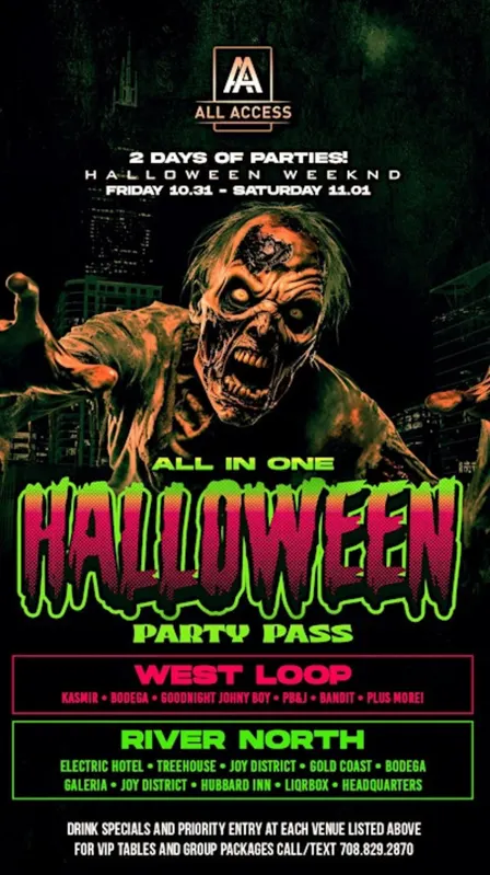 RIVER NORTH/WEST LOOP 2 DAYS OF HALLOWEEN BAR CRAWL PARTY PASS (18 VENUES)