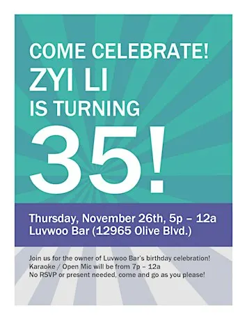 Zyi Li's Birthday Celebration at Luvwoo Bar (FREE)