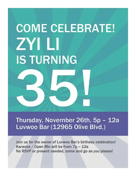 Zyi Li's Birthday Celebration at Luvwoo Bar (FREE)