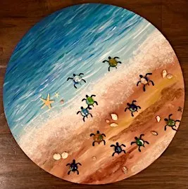 Sea Turtles OR Ladybugs mixed media round painting at Wild Blue Yonder
