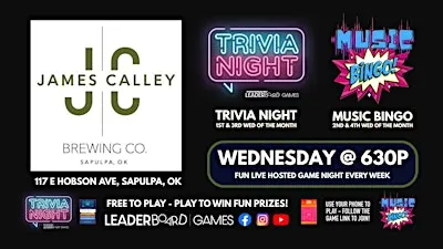 GAME NIGHT - WED 630p James Calley Brewing Sapulpa OK Trivia & Music BINGO