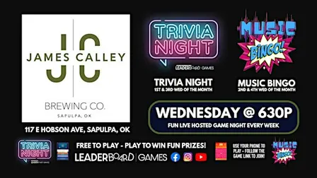 GAME NIGHT - WED 630p James Calley Brewing Sapulpa OK Trivia & Music BINGO