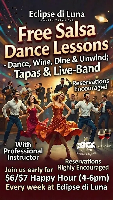 Free: Salsa Dance Lessons -  Dance, Wine, Dine & Unwind; Tapas & Live-Band