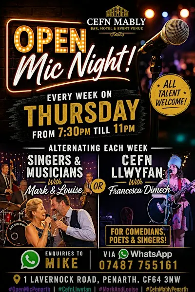 Open Mic Nights Every Thursday at Cefn Mably Penarth, Bar, Hotel & Events
