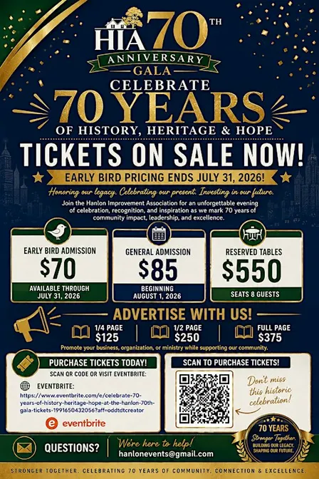 Celebrate 70 years of History, Heritage, Hope at the Hanlon 70th Gala!