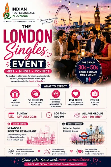 Indian Professionals in London Singles Event for All Age Group  30s-50s