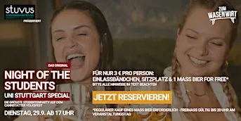 Stuvus präsentiert: Night of the Students, Dienstag, 29.9.2026 ab 17 Uhr
