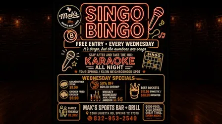 Spring, TX | Free Singo Bingo + Karaoke Every Wednesday Night at Mak's
