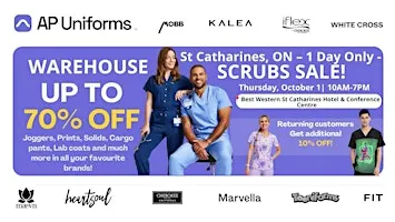 Warehouse Scrubs Sale – St Catharines, ON– 1 Day Only