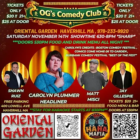 OG's Comedy Dinner Show Saturday November 14 Haverhill MA w/Carolyn Plummer