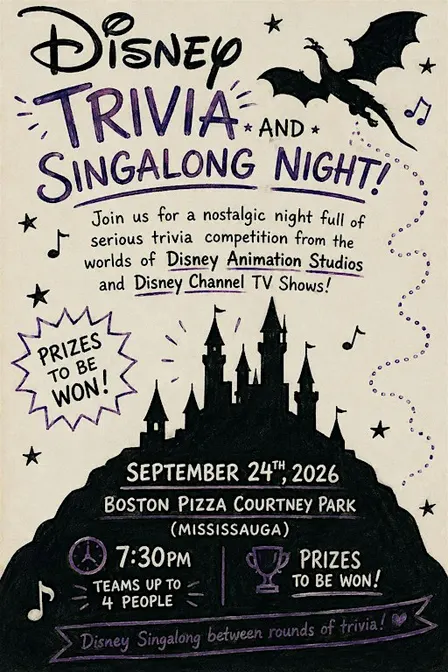 Disney Trivia & Singalong Night @ Boston Pizza Courtney Park (Mississauga)