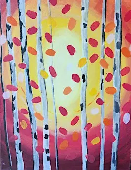 Join us for this warm and inviting “Birch Trees” paint and sip painting