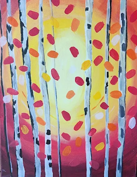Join us for this warm and inviting “Birch Trees” paint and sip painting